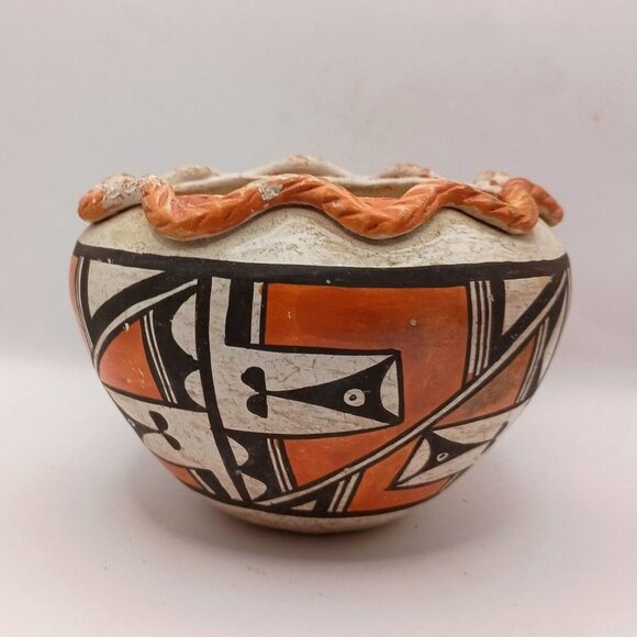 Old Vintage Acoma Pueblo Polychrome Pottery Bowl Olla Pie Crust Rim 3" x 4.5" - Picture 3 of 12